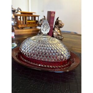 Vintage Ruby Red Clear Diamond Point Glass Covered Butter Dish Oval Lidded